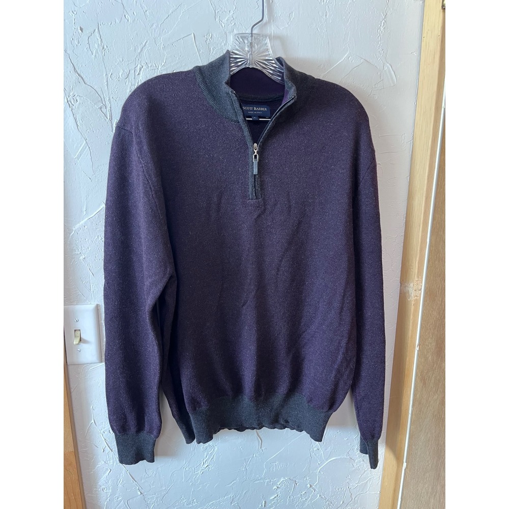 Scott Barber Mens 100% Merino Wool Quarter Zip Sweater Purple Gray Sz‎ L